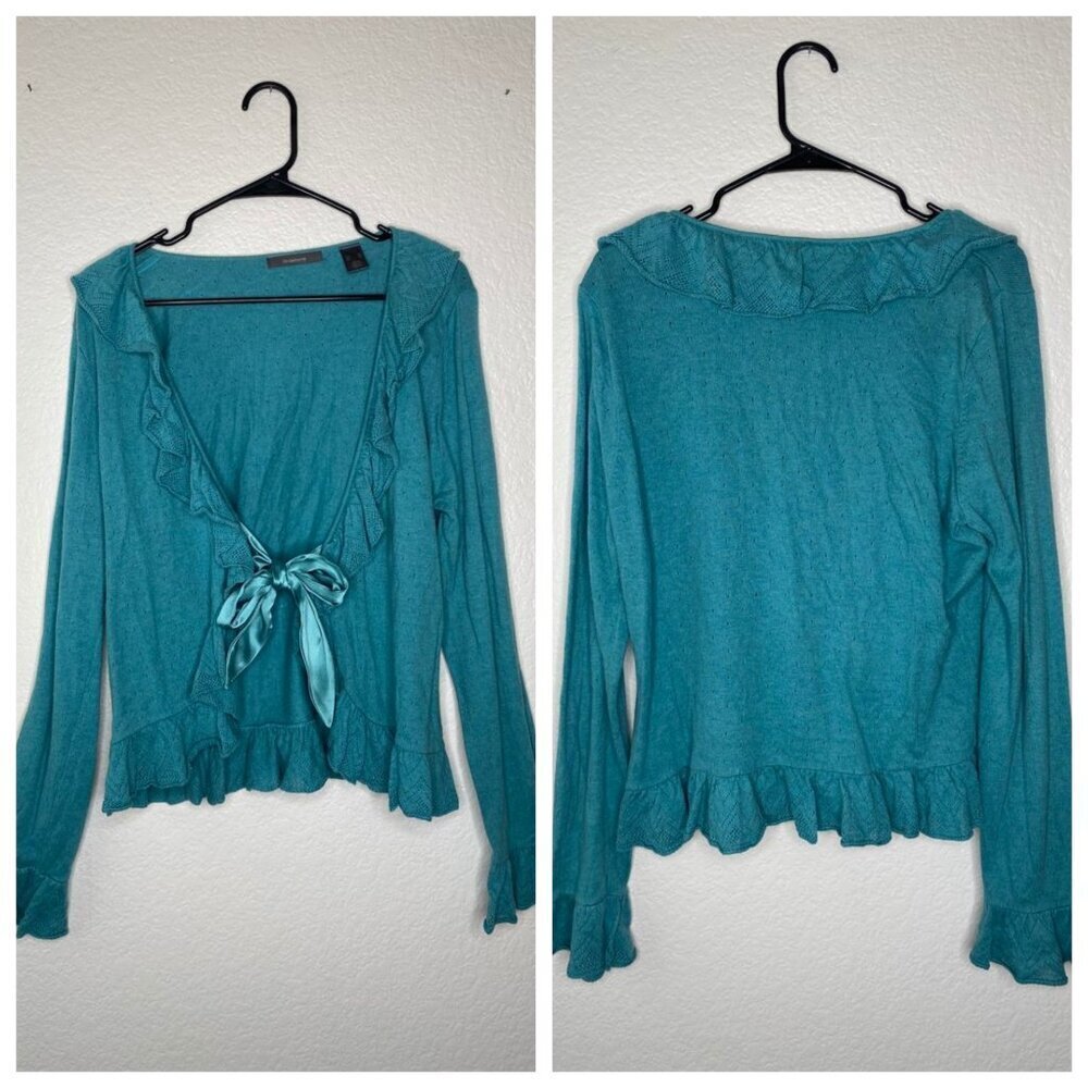 Vintage Liz Claiborne womens XL blue y2k ruffle knit sweater tie ribbon front